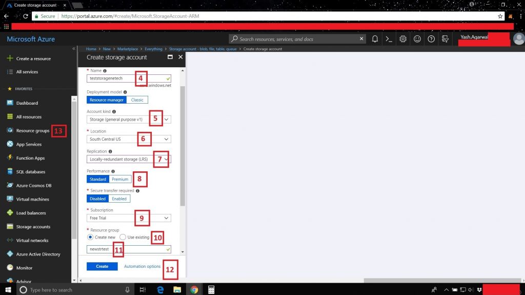 Fig. 1. Steps 1-3 Azure Storage - Portal